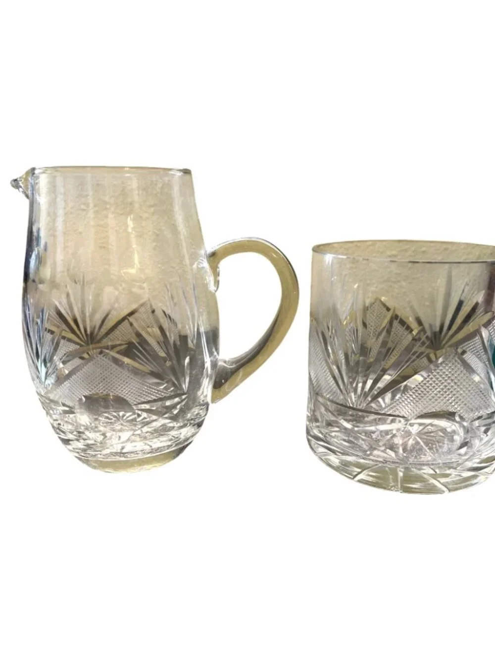 Vintage Glass Pitcher & Ice Bucket Set With Pyramid & Sunburst Design